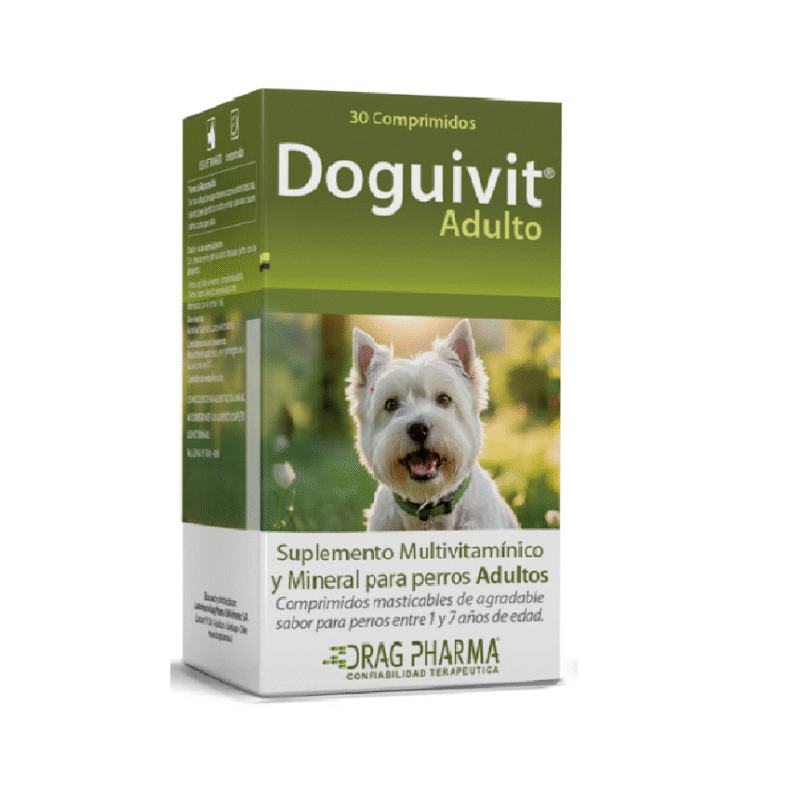 Doguivit Adulto 30 comprimidos es multivitamínico y minerales en comprimidos masticables para perros adultos y en estados de necesidad de un aporte adicional de nutrientes