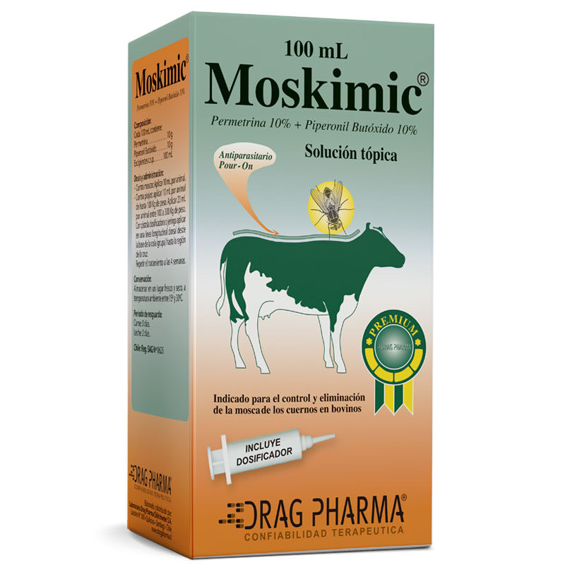 Moskimic 100 mL antiparasitario externo de amplio espectro para bovinos de cualquier edad contra mosca de los cuernos, mosquitos y piojos