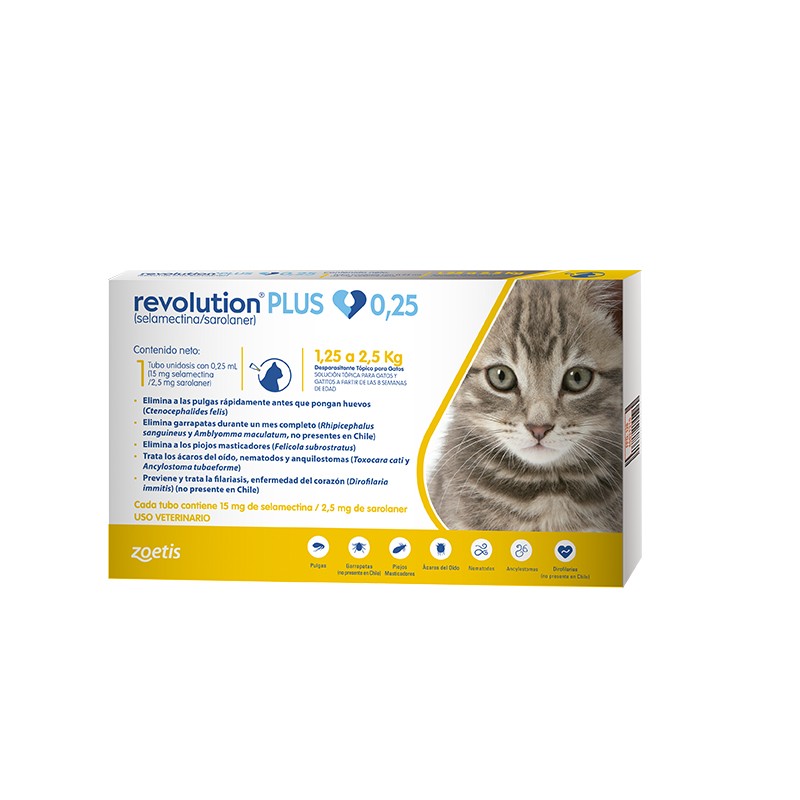 Revolution Plus 0.25ml es un antiparasitario interno y externo de uso tópico (spot-on) recomendado para gatos y gatitos desde las 8 semanas de edad.