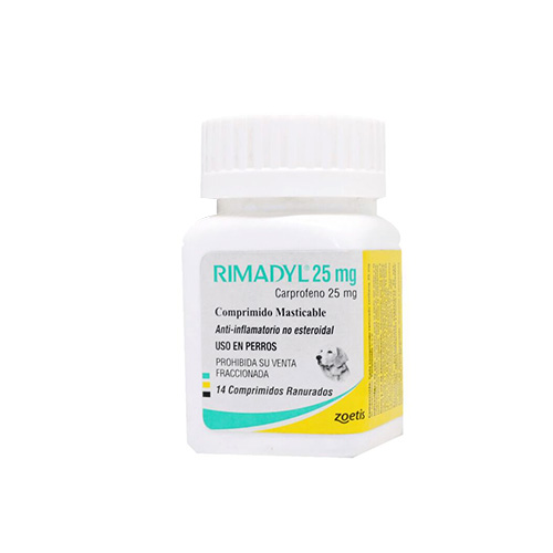 Rimadyl 25mg es un antiinflamatorio no esteroide para uso oral en caninos a base de Carprofeno, un inhibidor selectivo de la COX2.