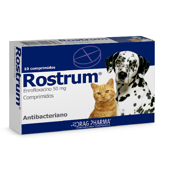 Rostrum 50mg es un antibacteriano de amplio espectro indicado para el tratamiento de infecciones sensibles al enrofloxacino en perros y gatos