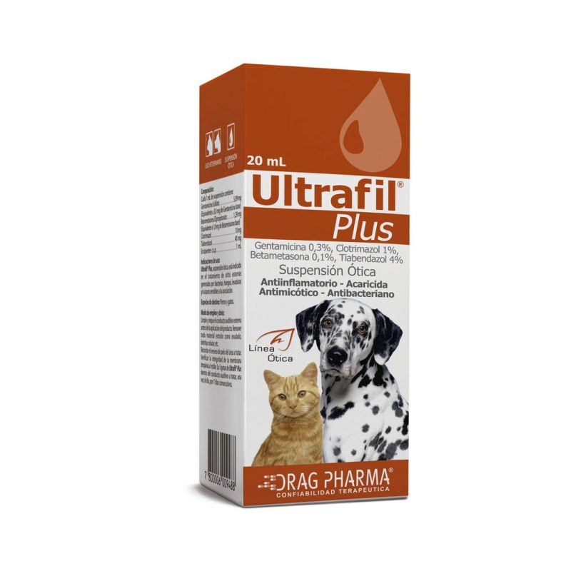 Ultrafil Plus 20ml suspensión ótica, está indicado en el tratamiento de otitis externas generadas por bacterias, hongos y/o ácaros sensibles a la asociación