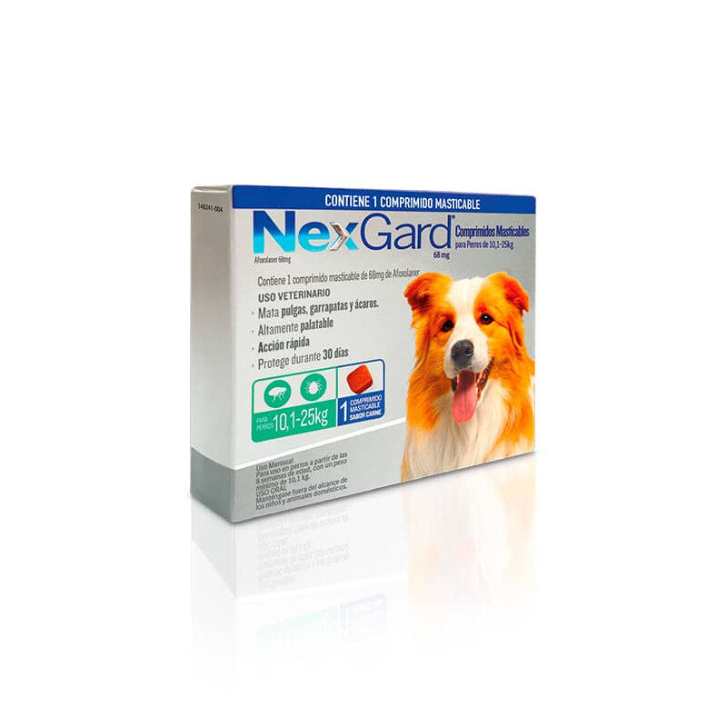 Nexgard Comprimido 10.1-25kg está Indicado para el tratamiento y prevención de infestaciones por pulgas, garrapatas y ácaros en perros de 10.1kg a 25kg