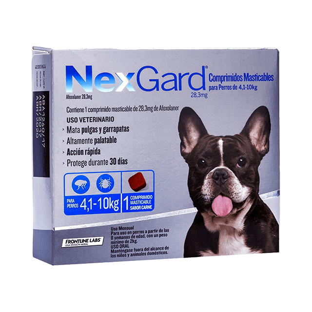 Nexgard Comprimido 4.1-10kg está Indicado para el tratamiento y prevención de infestaciones por pulgas, garrapatas y ácaros en perros de 4kg a 10kg