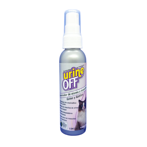 Urine Off Gatos 500mL es un spray removedor de olor y manchas de orina de gato, con acción enzimática y microbiológica, recomendado por veterinarios