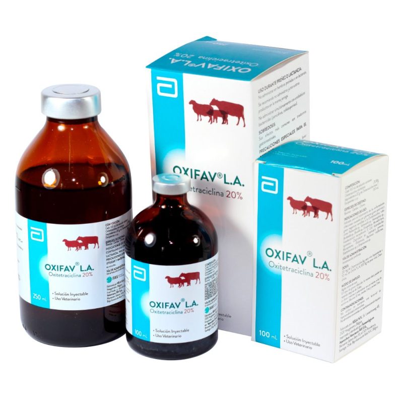 Oxifav L.A. 20% Inyectable 100ml es un atimicrobiano a base de Oxitetraciclina, de larga acción y amplio espectro, para uso en múltiples especies.