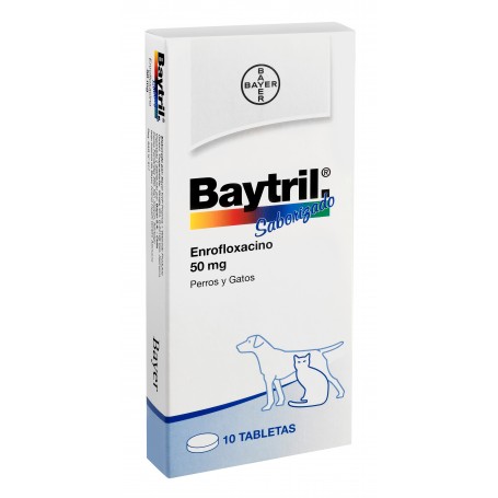 Baytril 50mg Antibacteriano de amplio espectro para tratamiento de infecciones ocasionadas por microorganismos sensibles al enrofloxacino en perros y gatos.