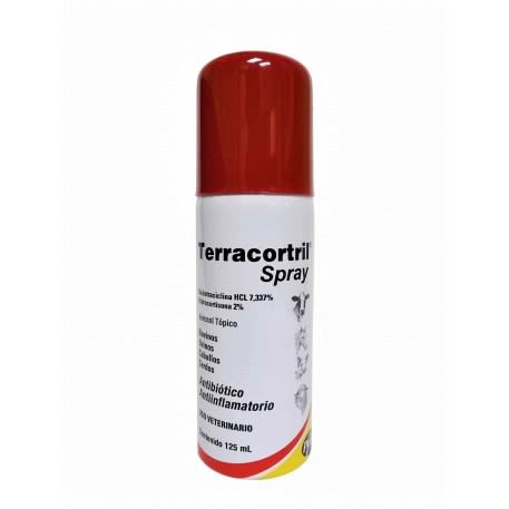 Terracortril Spray 125 mL para el tratamiento de infecciones cutáneas causadas por agentes sensibles a oxitetraciclina y asociadas a inflamación y/o prurito