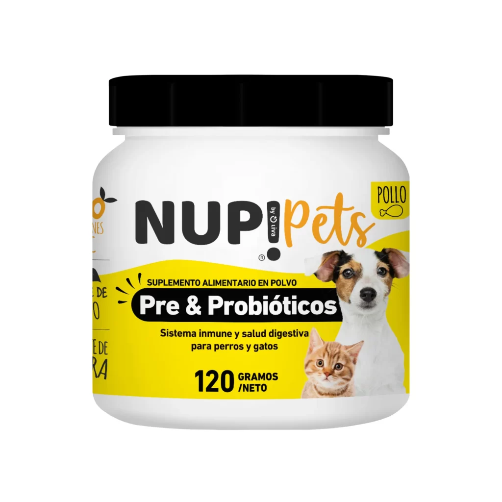 NUP! Pets Pollo Pre y Probióticos es un Suplemento alimenticio en polvo que contiene una excelente fuente de probióticos y fibra prebiótica