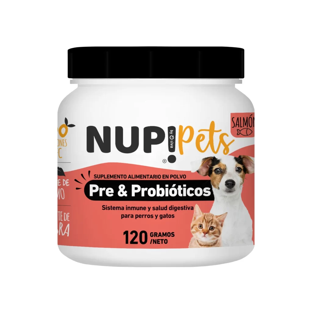 NUP! Pets Salmón Pre y Probióticos es un Suplemento alimenticio en polvo que contiene una excelente fuente de probióticos y fibra prebiótica