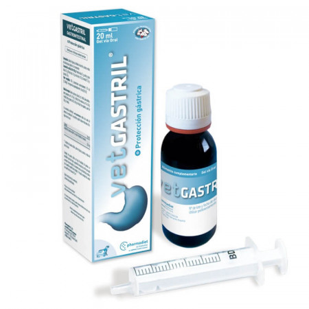 Vetgastril 20 mL protector gástrico para perros y gatos, a base de complejo de sacarosa sulfato con gel de hidróxido de aluminio.