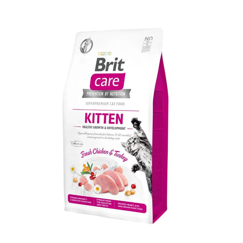 Brit Care Kitten 2kg es un alimento de alta digestibilidad libre de granos para alimentación de gatitos y gatas gestantes y lactantes