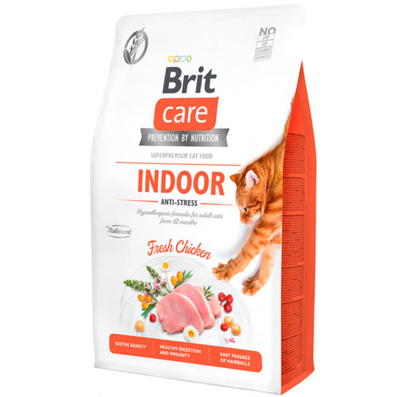 Brit Care Cat Indoor Anti-Stress es un alimento completo y balanceado libre de granos para gatos adultos a partir de los 12 meses de edad.