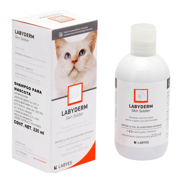 Shampoo Labyderm Skin Soldier de pH neutro y sin sales agregadas, es ideal para pieles irritadas, sensibles o atópicas de perros y gatos.