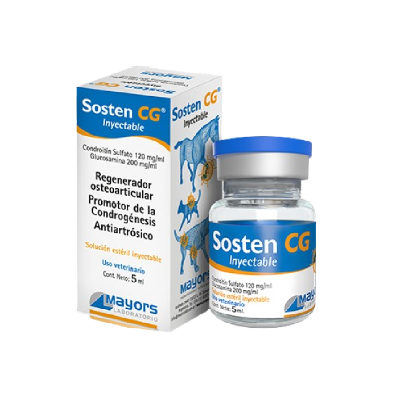 Sosten CG Inyectable es una solución que actúa como regenerador osteoarticular, protector de la condrogénesis y antiartrósico.