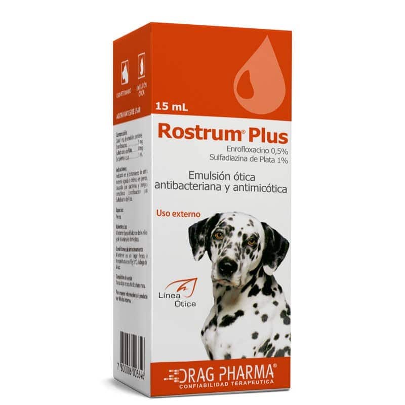 Rostrum Plus es una emulsión ótica antibacteriana y antimicótica indicada en el tratamiento de otitis externa aguda o crónica en perros