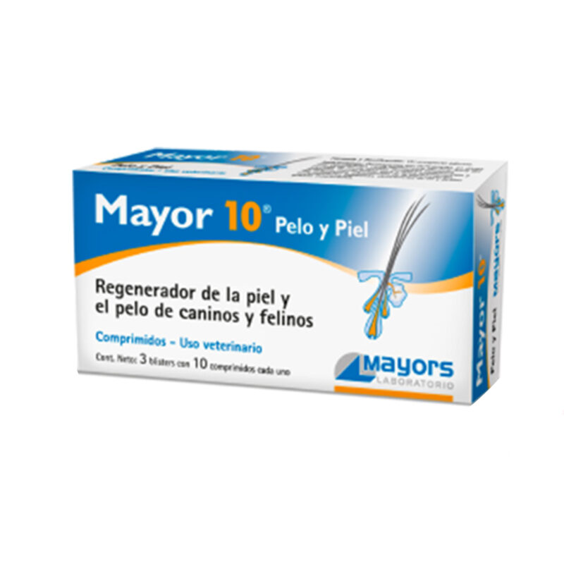 Mayor 10 Pelo y Piel es un suplemento nutricional en comprimidos regenerador de la piel y pelo para perros y gatos